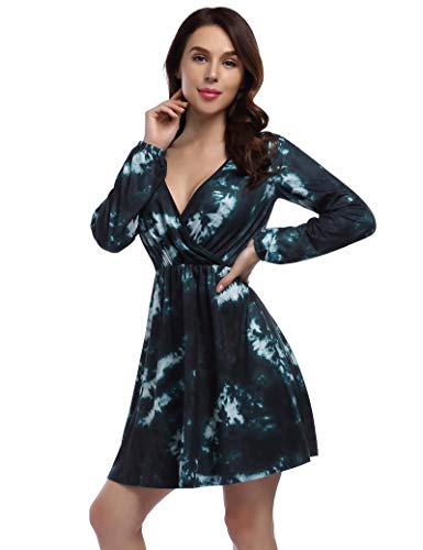Leadingstar Women V-Neck Tie-Dye Party Casual Daily Mini Dress (Atrovirens, XL)