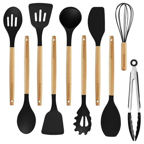 Silicone 10 Pcs Kitchen Cooking Utensils Set, Recycled Materials Certification, BPA Free Spatula Set with Heat Resistant Wood Handles for Nonstick Cookware, Black