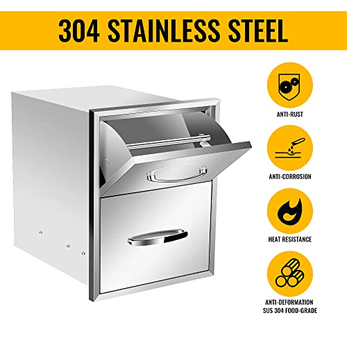 Image of 16''W x 20''H x 20''D Outdoor Kitchen Double Access Drawers with Paper Towel Holder Combo Stainless Steel, Flush Mount BBQ Island for Outdoor Kitchens or Patio Grill Station