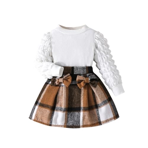 Image of Noubeau Toddler Girls Plaid Outfits Girls Puff Sleeve Knit Ribbed Shirt Tops Plaid Skirt Set Kids Fall Winter Clothes