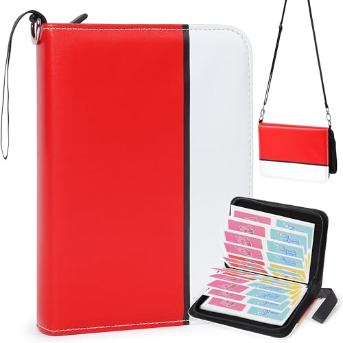 LOTOFUN 4-Pocket Trading Card Binder: Red 400 Card Holder with Adjustable Shoulder Strap and 50 Removable Sleeves for Storage - Waterproof Portable Folder Album Gift for Collectors