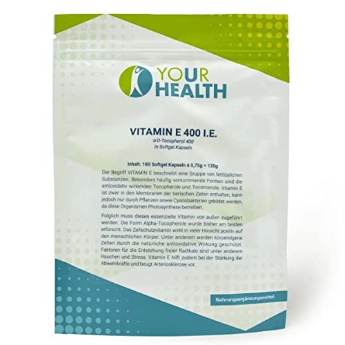 uHealth Vitamin E 400 IE. - 180 měkkých gelových kapslí po 360 mg alfa-D-tokoferolu - přírodní vitamíny E jako doplněk stravy - silný antioxidant - Made in Germany