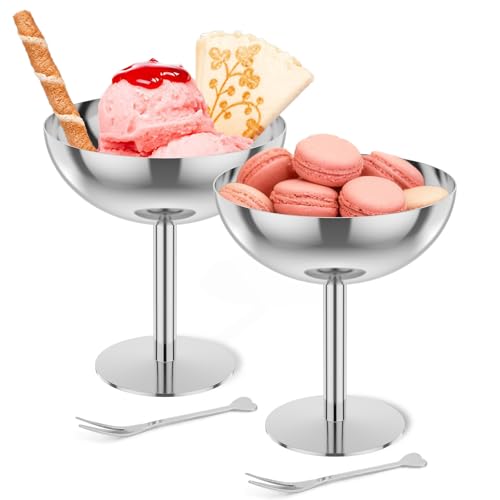 2 Pcs 200ml Homemade Ice Cream Bowl Convenient 304 Stainless Steel Dessert Cup with 2 Dessert Forks for Home Hotel Restaurant Party