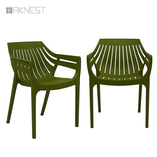 Image of OAKNEST Supreme Spectrum Plastic Arm Chair - Modern Slatted Stackable Chair for Living Room, Dining, Garden, Balcony, Restaurant & Cafe | Indoor Outdoor Designer Chair, Set of 2, Mehandi Green