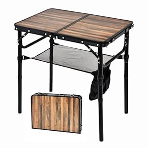 Small Folding Camping Table, 2ft Portable Picnic Table Aluminum 24″ x 16″ Folding Table, 3 Adjustable Heights Portable Lightweight Table Dining Table for RV, Picnic, Beach (Wood Grain)