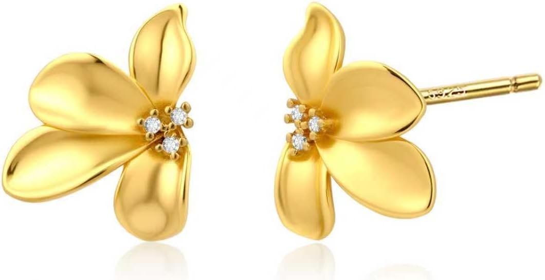 14K Gold Plated Flower Stud Lily Cubic Zirconia Earrings Studs Floral Earrings for Women