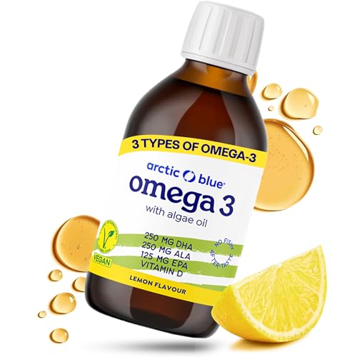 Arctic Blue Oméga-3 Végétal Huile Liquide 150 ml — 370 mg de DHA + 75 mg d’EPA + 350 mg d’ALA par Dose — Huile d’Algues & de Chanvre — 100% Vegan, avec Vitamine D3, Saveur Douce Citron