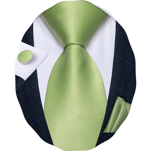 DiBanGu Satin Sage Green Tie for Men Solid Green Necktie and Pocket Square Cufflinks Set Wedding Prom
