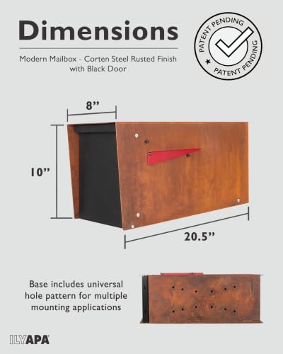 Image of Ilyapa Modern Mailbox for Post Mount - Corten Steel Rusted Finish with Black Door Powder Coated Steel, with Recessed Magnetic Close Door