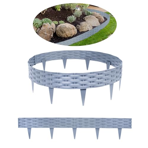 HENGMEI Rasenkanten Kunststoff Beetumrandungen 10m Beetumrandung Gartenpalisade Mähkante 10 stücke Rattan-Optik Randsteine Palisaden Gartenzaun, Grau