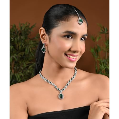 Image of I Jewels Silver Plated Stylish Design Crystal Diamond Necklace With Earrings & Maang Tikka Jewellery Set for Women