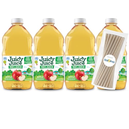Juicy Juice Apple 100% Juice Vitamin C No Sugar Added 64 fl oz Plastic Bottle 4 Pack + 15 Sugarcane Disposable Straws by KOOL8SHOP Infinite Deals