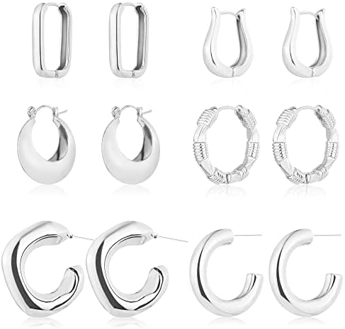 6 Pairs 14K Gold Plated Hoop Earrings for Women Lightweight Chunky Hoop Earrings Multipack Hypoallergenic, Thick Open Twisted Huggie Hoops Earring Set Jewelry for Gifts.
