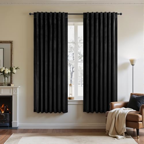 Image of Black Out Velvet Room Darkening Curtains 63 Inch Length for Living Dining 2 Panels Heavy Privacy Energy Smart Insulating Summer Heat Winter Curtain for Kitchen Door Doorway Master Bedroom Guest Office
