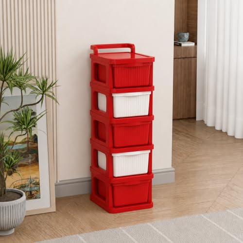 Image of JD FRESH 5 Tier Plastic Storage Drawer Cabinet with Wheels /Plastic Storage Drawer /Multipurpose Chest of Drawer /Storage Box for Living Room, Office and Home /Toys Organizer for Kids Room (Red)