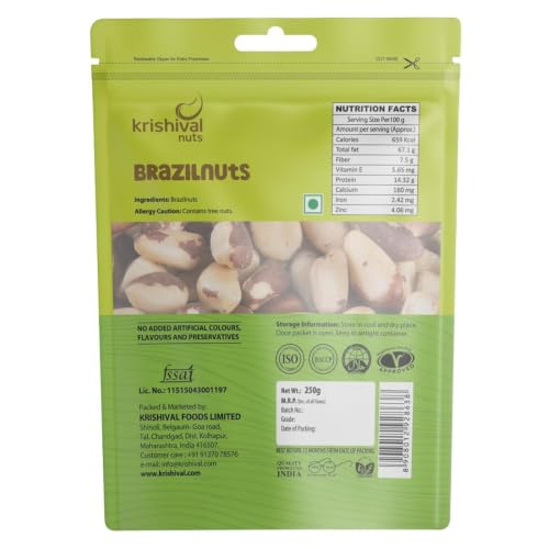 Image of Krishival Nuts Premium Brazil Nuts| 250g Pack of 1| Best for Cholesterol Control | 100% Natural | Rich in Selenium & Iron