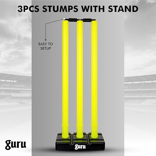 Image of Guru Cricket Wicket Set, Heavy Plastic Cricket Stumps Set - 3 Stumps + 2 Bails + 1 Base Stand