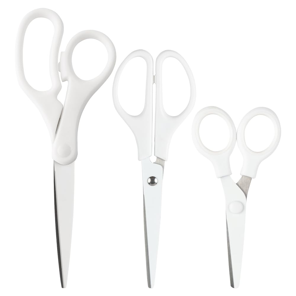 JAM PAPER Multi Purpose Scissors Set - White - Assorted Sizes - Ergonomic Handle &amp; Stainless Steel Pointed Tip Blades - 3/Pack