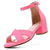 LAURMOSA Hot Pink Heels Sandals for Girls Dress Shoes High Heels for Kids Flower Girl Shoes Open Toe Ankle Strap Chunky Low Wedge Sandals for Toddler Little Big Kids Wedding Party (L1032NuFuchsia 4)