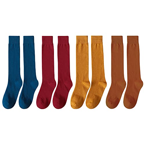 Pack de Quatre Fille Femme Chaussettes Hautes Mi-bas Basic Chaussettes pour Lolita Uniforme Scolaire Mode Highstreet Style Rétro Vintage 35-39 - Bordeaux & Bleu gentiane & Orange & Orange marron Cover