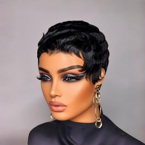 SAEIALL Short Pixie Cut Wig for Black Women Human Hair｜1B Black Nature Looking Soft Brazilian Human Hair Wigs｜Full Machine Made Breathable Rose Net Pixie Wigs for Women