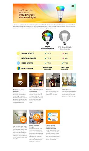 Image of Wipro WiFi Enabled Smart LED Bulb E27 9-Watt (16 Million Colors + Warm White /Neutral White /White) (Compatible with Amazon Alexa and Google Assistant) (NS9310)