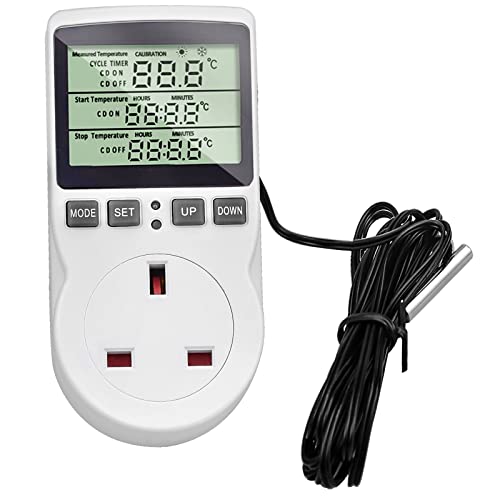 Nerissa Digital Thermostat Socket with 1.7m Sensor Heating and Cooling 230V 16A Timer for Greenhouse Reptile Terrarium Home White (T01-UK)