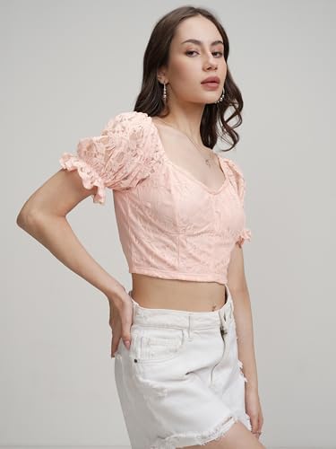 Image of Tokyo Talkies Women's Self Design Print Crop Top | Square Neck | Bishop Sleeves | Chic & Feminine | Tops for Woman | Women Tops | Women Crop Top