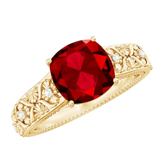 Certified 8mm Cushion Lab Grown Ruby Vintage Style Engagement Ring, AAAA Quality, Ruby and Diamond Ring (Ideal For Gift)