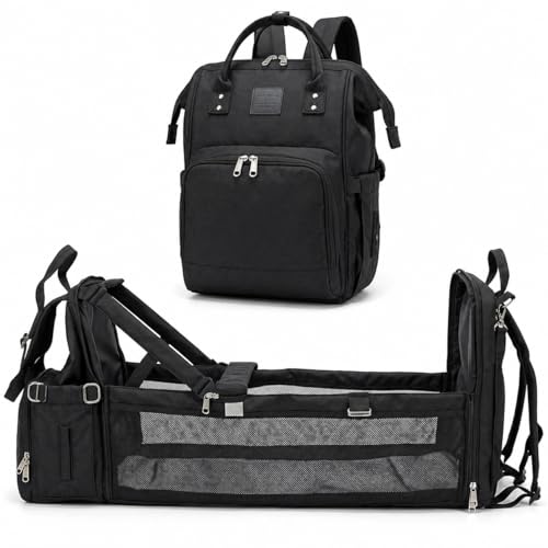 Bolsa Maternidade Multifuncional com Berço Portátil Mochila Impermeável Grande Capacidade para Mamãe e Bebê com Compartimentos Térmicos Organizador de Fraldas e Acessórios Preta