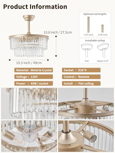 Image of 20 inch Gold Crystal Fandelier Ceiling Fans with Lights, Caged Gold Crystal Chandelier Ceiling Fan with Light Remote Control with 6 Speeds for Bedroom, Nursery, Living Room