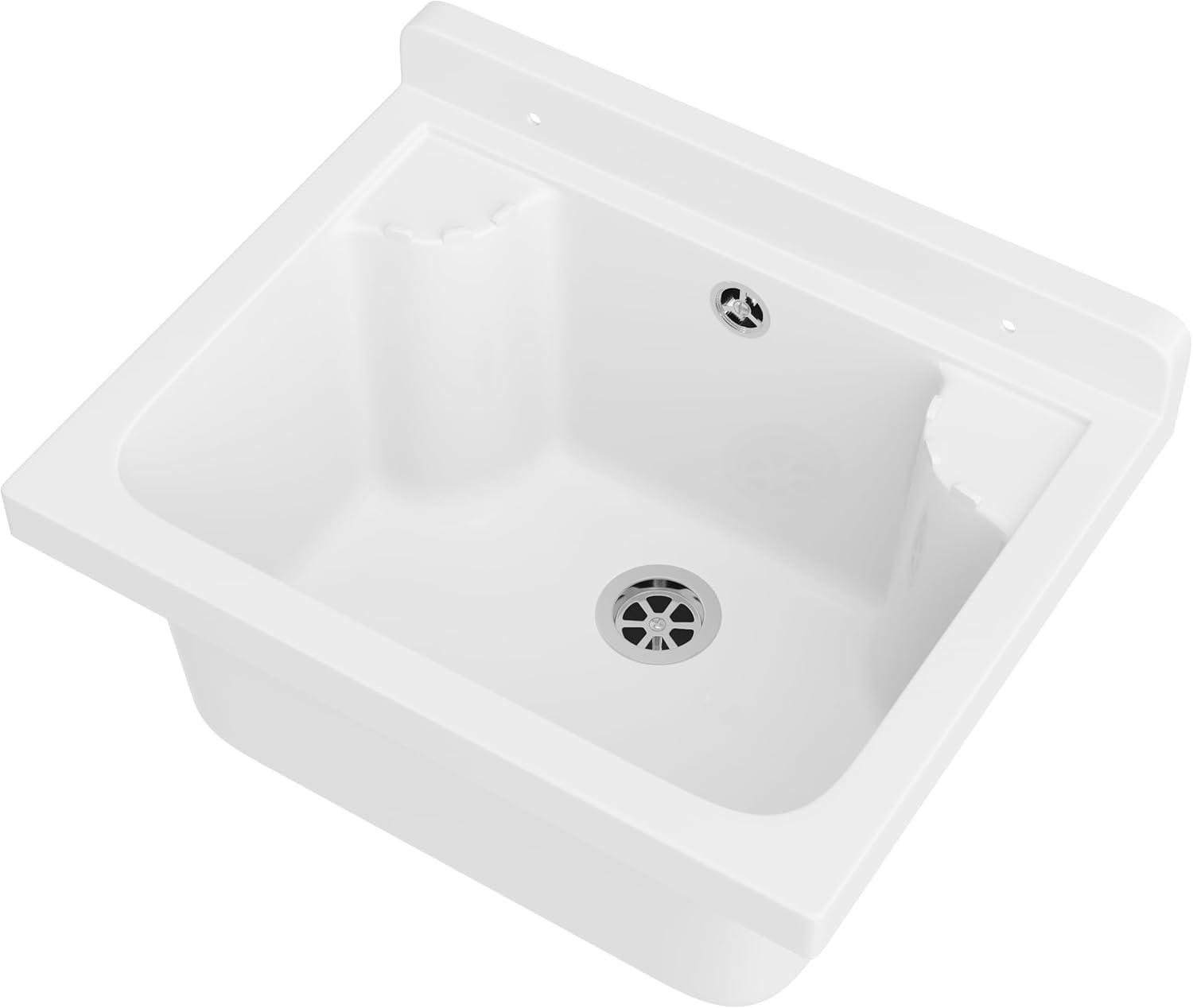 Ausgussbecken mit Mischbatterie undPlatz für Seifenspender Garage Keller Werkstatt und Waschküche - Universal Waschtrog mit Siphon - Waschbecken Wandmontage - 42x34x24 cm - Weiß - Granitan
