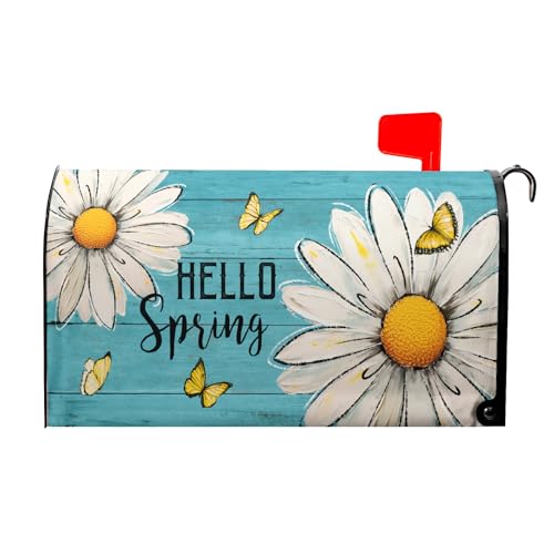 Image of Rustic Spring Daisy Magnetic Mailbox Cover - Standard Size 21x18 Inch Hello Spring Floral Decal - Teal Wrap for Post Letter Box - Outdoor Decorations