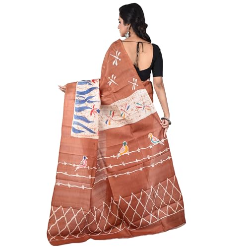Image of 3stones Women's Mulberry Silk Saree | Printed Handwoven, Hand Batik Pure Saree with Unstiched Blouse Material Piece | Suitable for All Indian Weddings & Festivals | Traditional flower Prints