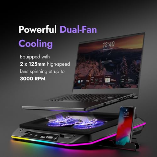 Image of Kreo Arctik Pro Laptop Cooler Pad Dual 125mm Fans, 3000 RPM, 7-Way Adjustable Cooling Pad with RGB Lighting, USB-C Powered, Built-in USB Hub (Arctik Pro)