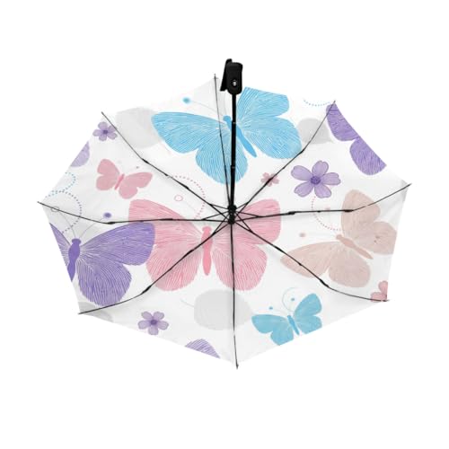 Parapluie de voyage automatique pliable à motif papillons pour pluie et soleil