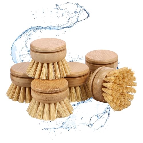 Juego de 6 cepillos de vajilla de Madera para Recambio de sisal, de vajilla de bambú, de Setas, Cabezal de de vajilla de bambú y cerdas Suaves para Cocina