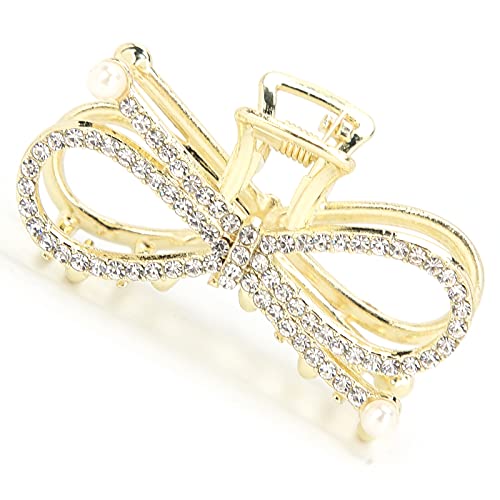 Women's Hair Claw Clip, Strong Hold NonSlip Rhinestones Hair Catch Clamps, Faux Pearl Decorative Hair Jaw Clip for Thick Thin Curly Straight Hair (2# bow) - Image 3