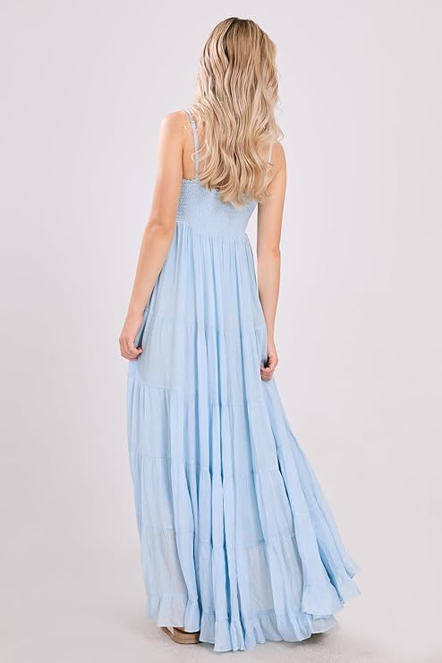 utcoco Women's Spaghetti Straps Maxi Dresses Back Smocked Sleeveless Tiered Swing Flowy Boho Long Sundress - Image 4