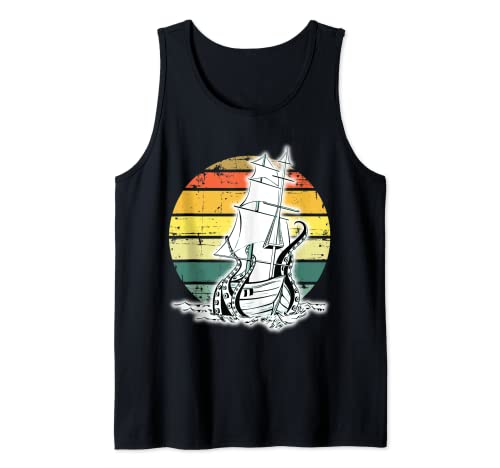 Pulpo gigante destruyendo barcos Vintage Kraken Sailing Camiseta sin Mangas