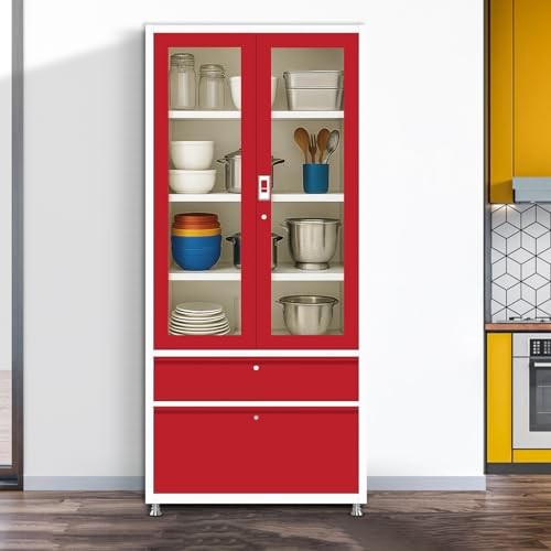 Image of Triveni Almirah Annapurna-5 Steel Wardrobe for Kitchen & Home Use | 10 Year Guarantee on Paint & Locks | 2-Door Glass Almirah with 2 Drawers | Separate Locks for Doors & Drawers | Powder-Coated Finish