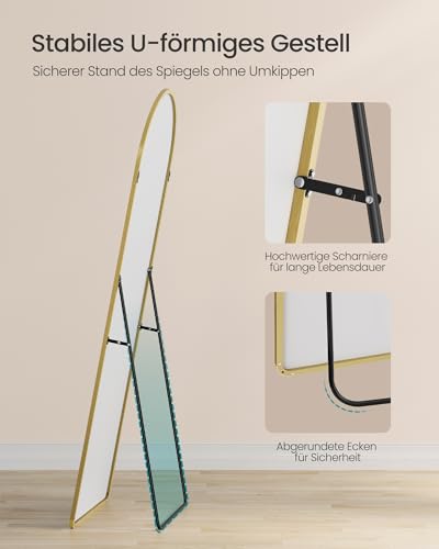 SONGMICS Ganzkörperspiegel, 160 x 50 cm, gewölbter Standspiegel, Rahmen aus Aluminiumlegierung, Hartglas, abgerundete Ecke, für Schlafzimmer, Wohnzimmer, Garderobe, blassgold LFM051AB01