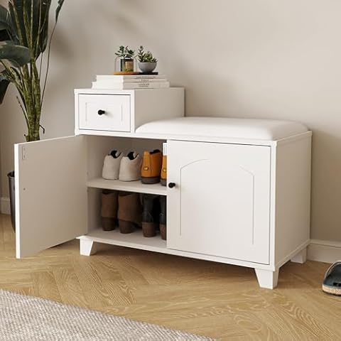 Organizedlife Shoe Storage Bench with Adjustable Shelves - Entryway Bench with Removable Cushion and Hidden Storage Compartment Cover