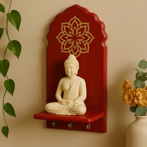Image of Globally Indian Engineered Wood Keys Holder for Wall with Shelf | Mandala Design Key Stand Organizer for Home Entrance, Decorative Key Hanger for Wall, Entryway, Living Room, Floating Wall Shelf (Red)