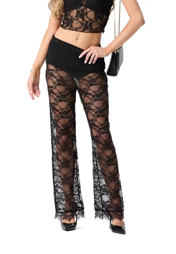 IWOLLENCE Womens Sexy Lace Flare Pants with Bottom High Waist Sheer Mesh Leggings2