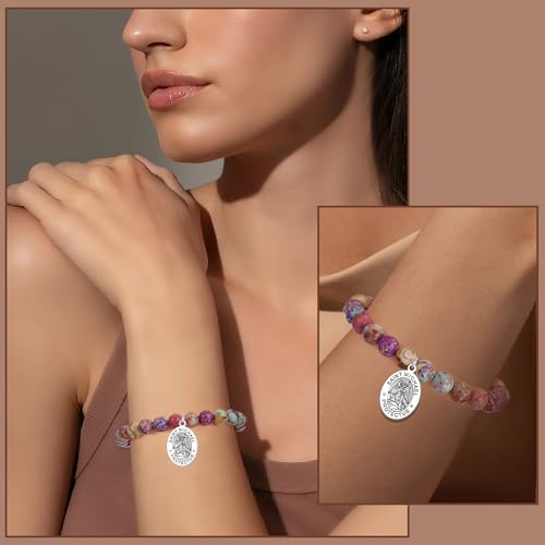 LIUANAN St Michael Bracelet for Women with Sea Sediment Purple Jasper Saint Michael the Archangel Religious Gift Christian Faith Jewelry Protection Bracelets3