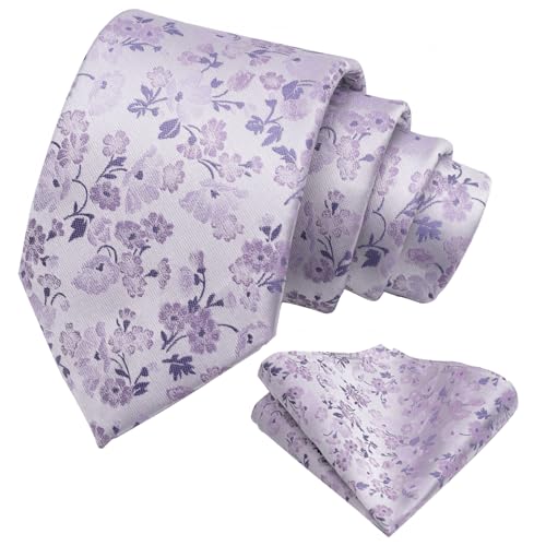 Alizeal Mens 3.15inches Chic and Refreshing Flower Patterned Tie with Floral Printed Pocket Square Lavender