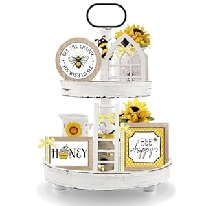 Farmhouse Bee Tiered Tray Decor Set,Interchangeable Year Round Seasonal Decorations Spring Decorations for Home Decor Wooden Frames + Mini Arch + Ladder, NO Tray Farmhouse Bee Tiered Tray Decor SetInterchangeable Year Round Seasonal Decorations Spring Decorations for Home Decor Wooden Frames Mini Arch Ladder NO Tray