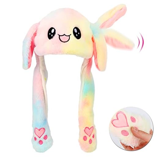 Hopearl Rainbow Bunny Hat with Ears Moving Jumping Pop Up Beating Hat Plush Holiday Cosplay Dress Up Funny Christmas Winter Birthday Gift for Kids Boys Girls, Colorful, 22''
