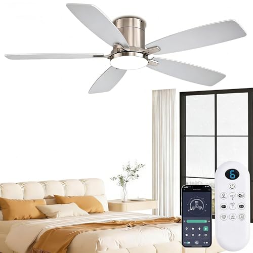 FUMLTP 52 inch Ceiling Fans with Lights, Flush Mount Ceiling Fan with Light and Remote/APP Control, DC Motor, Dimmable LED, Noiseless, Low Profile Ceiling Fan for Bedroom Indoor/Outdoor Use (Nickel